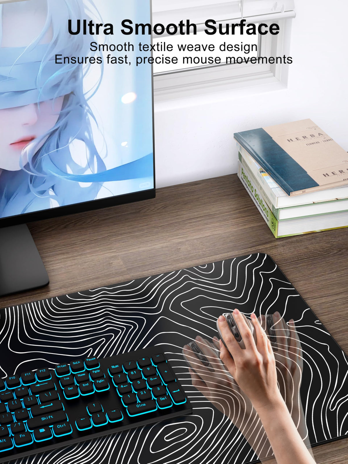 TopMade Mouse Pad with 15W Fast Wireless Charging, 31.5"x15.75" XXL Large Gaming Waterproof Desk Pad with Ultra-Smooth Surface, Non-Slip Base, Computer Desk Mat, Black Topographic Map #1
