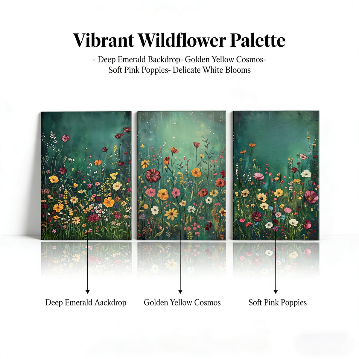 GEFQBBLD 3 Piece Canvas Wall Art Set, Emerald Green Wildflower Meadow Prints, Textured Impasto Boho Floral Decor for Living Room Bedroom 12x16 unframed