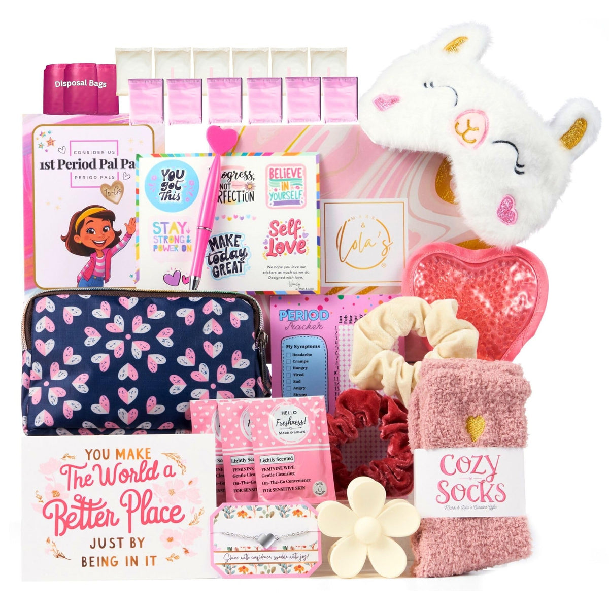 Mark and Lola’s First Period Pal Pack Gift Box | First Period Kit for Tweens & Teens | Pads, Panty Liners, Confidence-Boosting Essentials, First Period Gift Box & Discreet Bag (Hearts)