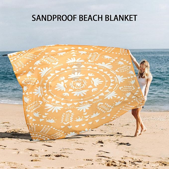 110''×118'' Extra Large Sandproof Beach Blanket 4-8 Adults, Waterproof Foldable Picnic Blankets with 4 Stakes & 4 Pockets, Lightweight Boho Outdoor Beach Mat for Travel, Camping, Hiking