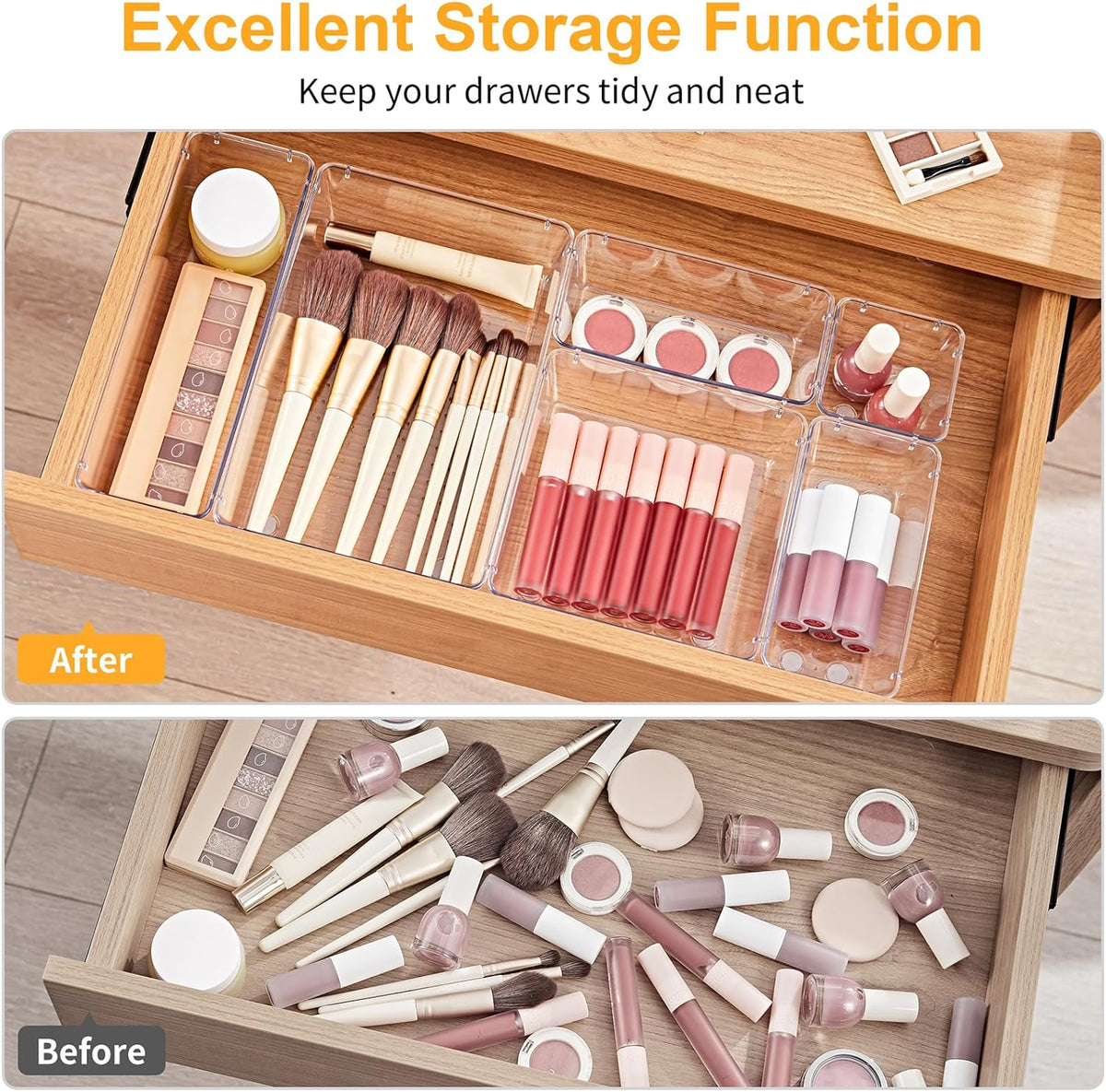 SMARTAKE 13-Piece Drawer Organizers - Non-Slip Silicone Pads | Versatile Storage Trays for Makeup, Jewelry & Utensils - Clear