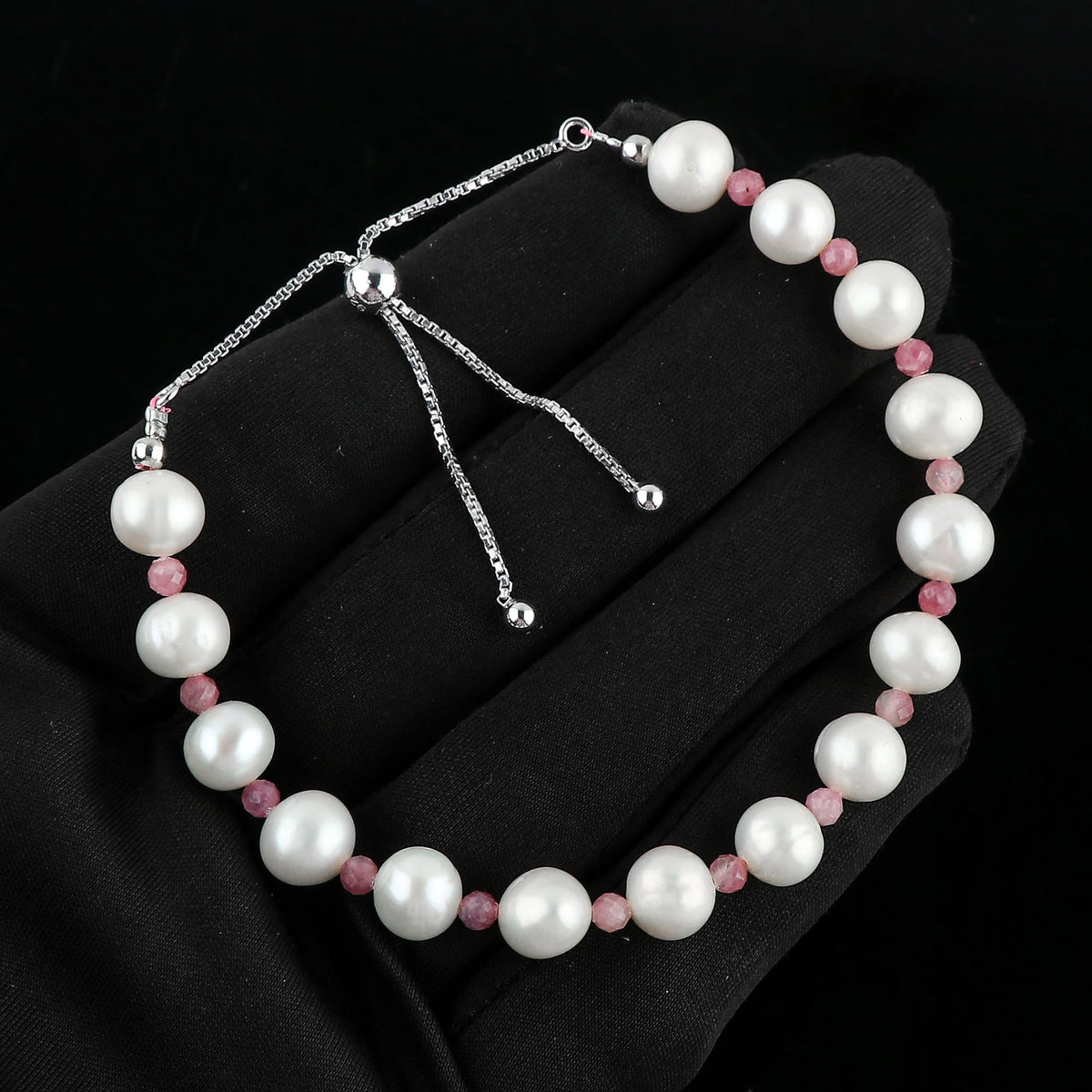 CRYSTALIS Natural Pink-Tourmaline And Freshwater Pearl Beaded Bracelet, Elegant Beads Crystal, Chakra Bracelet, Healing Bracelet, Gemstone Jewelry, 925 Sterling Silver Slider 10 inch
