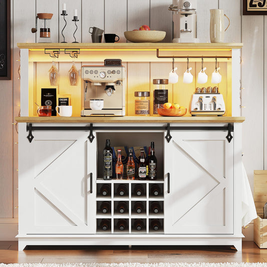 IDEALHOUSE 55" Farmhouse Coffee Bar Cabinet with Power Outlet & LED Light - Sliding Barn Door Buffet with Removable Wine Rack, 2-Tier Drawers, for Kitchen, Dining & Living Room, White