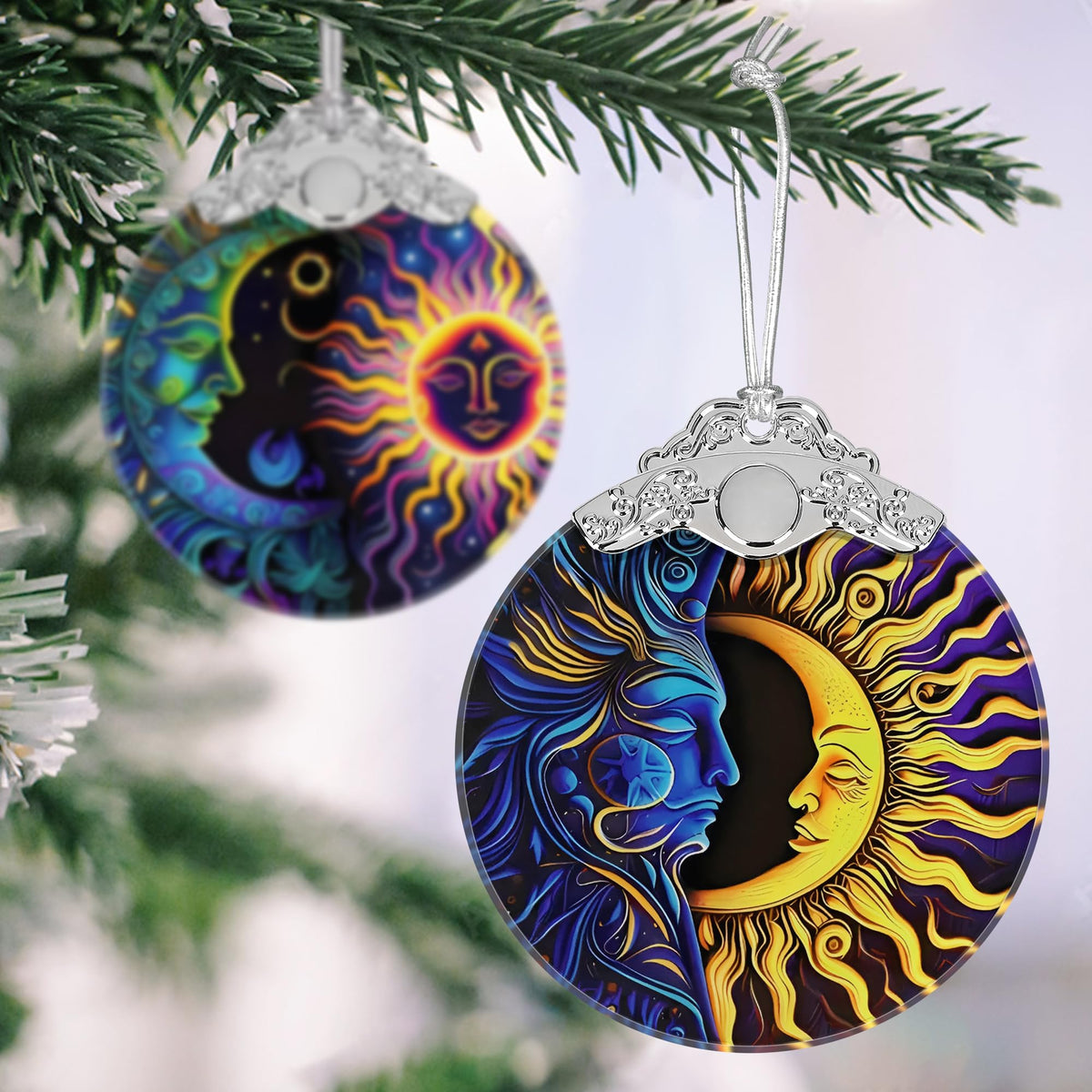 Sun Moon Christmas Ornament - Stained Glass Hanging Decoration for Holiday Tree, Home Decor, Gift Exchange Idea - Sun and Moon Last Forever