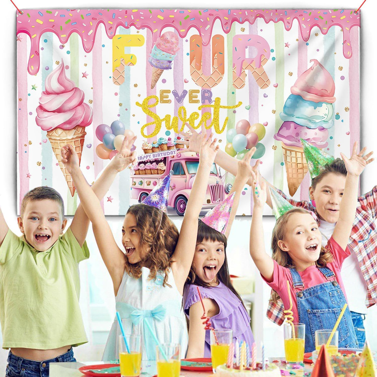 xuanflyF 4th 4th Ice Cream Birthday Party Decoration, Ice Cream Birthday Backdrop Banner, Four Ever Sweet Birthday
