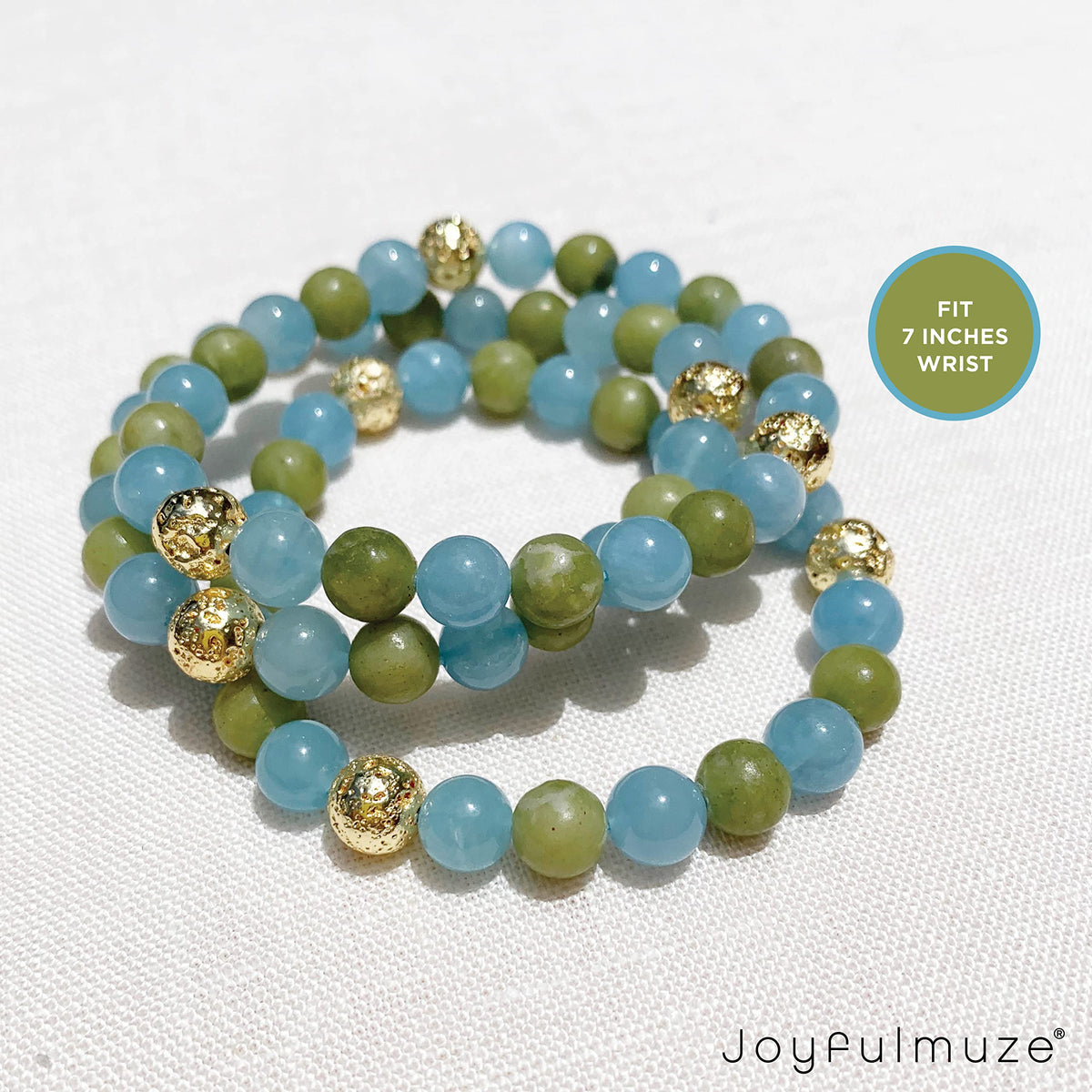 Joyfulmuze Aquamarine Serpentine Stretch Bracelet, Natural Blue and Green Round Gemstone, Handmade Spiritual Jewelry for Women Men, Gold Lava Beads, 17cm length (Aquamarine-Serpentinite-Lava Stone)