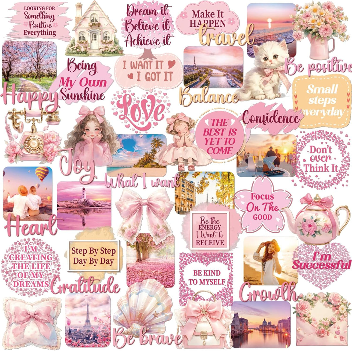 50 Pink Vision Board Stickers - Pcs Cute Aesthetic Travel Planner Scrapbooking Supplies Kit for Adults Women