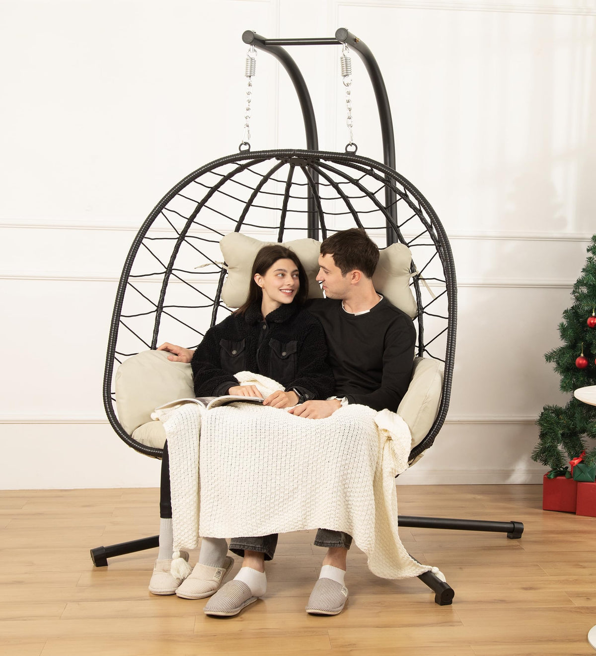 Double Egg Chair with Stand Hammock Swing Chair Foldable Hanging Loveseat, UV Resistant Removable Cushions, 700LBS Capacity for Bedroom, Balcony, Garden(BK-BE)
