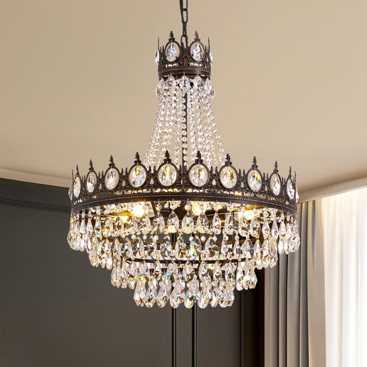 7PM French Empire Crystal Chandeliers, Vintage Crystal Chandelier, Antique Bronze Chandelier, Rustic Farmhouse Ceiling Light Fixture for Dining Room Bedroom Living Room Kitchen Foyer, W 24"