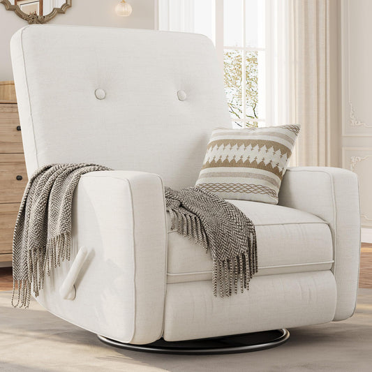 Garvee Nursery Recliner Chair, 360° Swivel Rocking Glider Chair for Adults with Adjustable Backrest & Footrest, Cozy Linen Upholstered Armchair for Living Rooms, Bedrooms, Apartments, Beige