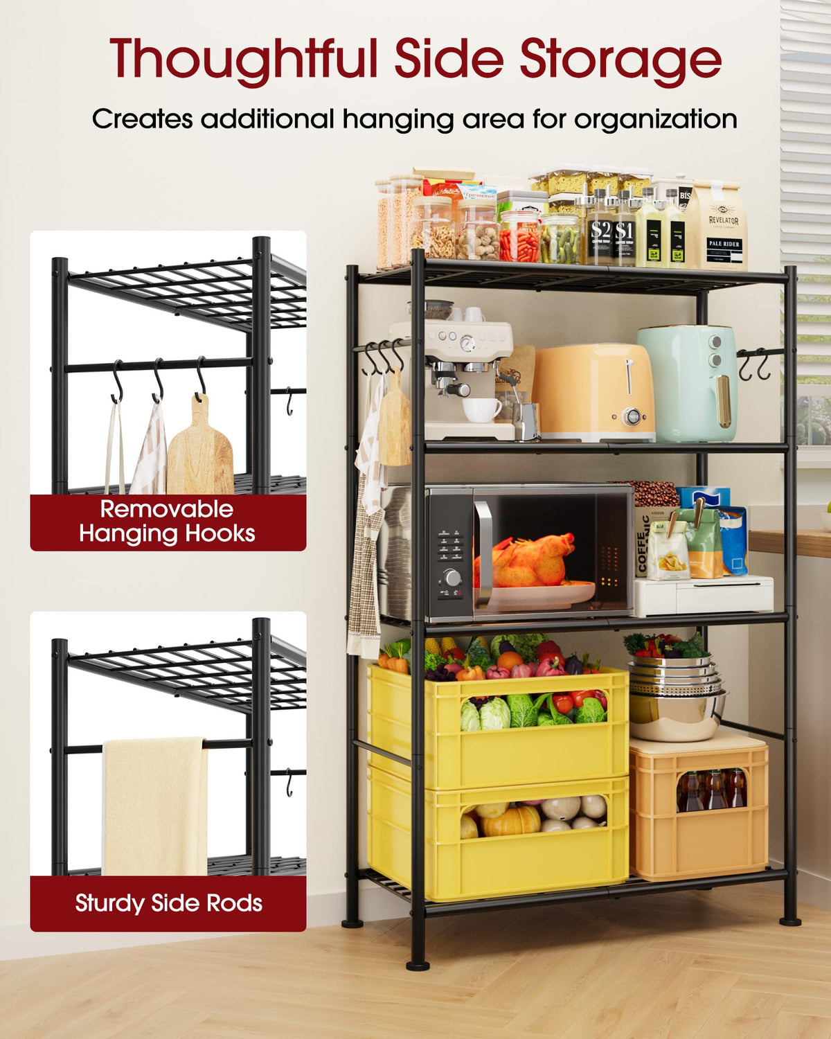 Sakugi Storage Shelves - 4-Tier Spacious Shelf Organizer with Hooks & Leveling Feet, Easy to Assemble, Rust-Resistant Garage Shelving for Kitchen, Pantry, Bedroom, 33.2" x 12.7" x 57.3", Black