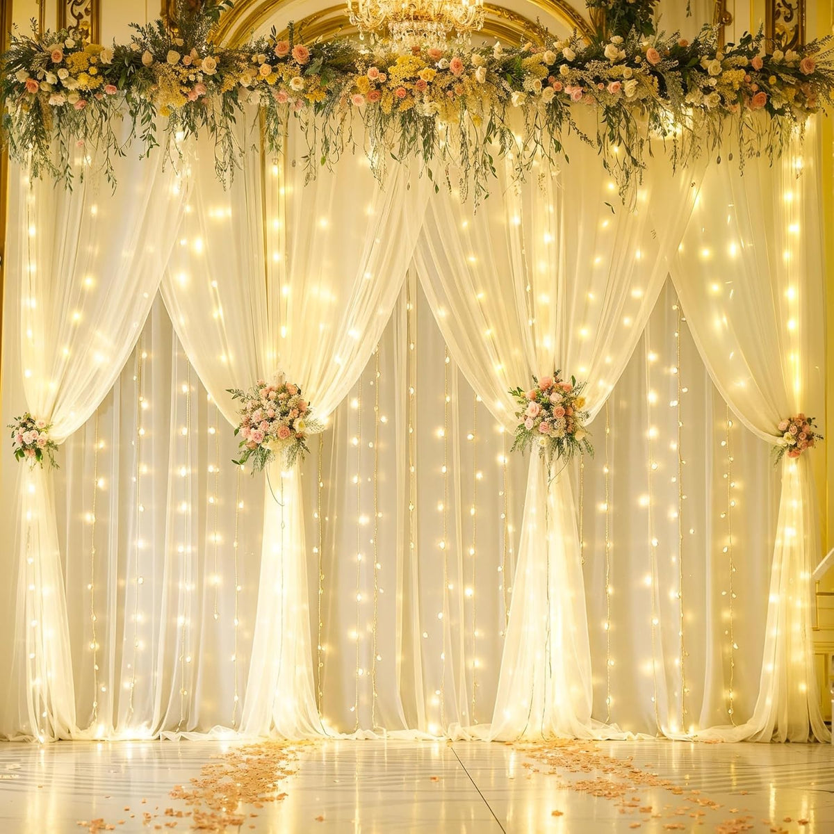 Tao-Ge 10ft 10ft x Champagne Sheer Tulle Backdrop Curtains with Lights String for Party Wedding Wrinkle Free Curtain