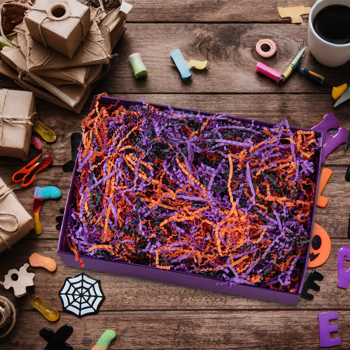 Gloreyan 1LB Halloween Crinkle Cut Paper Shred, Black Orange Purple Raffia Paper Sherd Filler Grass for Gift Wrapping Basket Filling Birthdays Weddings Party Supply