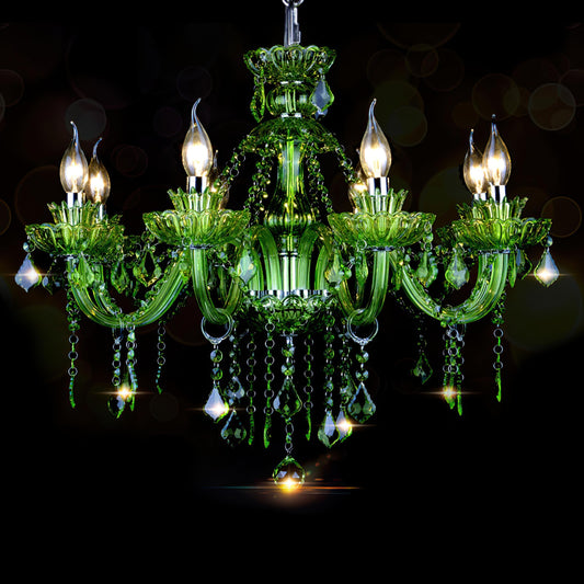 Bagood 8 Lights Green K9 Crystal Candle Chandeliers Lighting Modern Pendant Lights Candle Chandelier Lighting for Dining Living Room Bedroom Entry Elegant Decoration E12 Base, H22.8 x W27.2 Inch