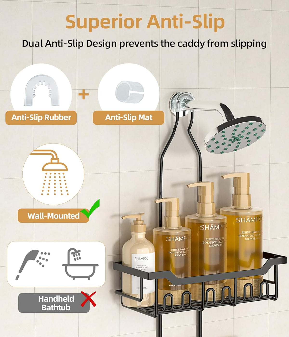 Skiennix Adjustable Shower Caddy - 3-Tier Hanging Organizer with Soap Holder | Extended Length, Black
