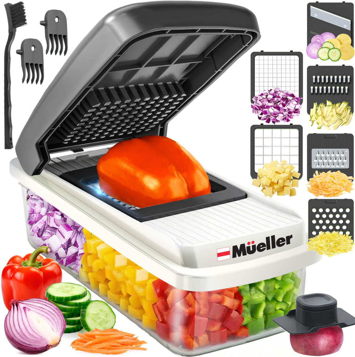 Mueller Vegetable Chopper Mandoline Slicer, Food Veggie Chopper, Cheese Grater, Onion Vegetable Cutter with Container, Dicer, Kitchen Gadgets & Essentials, White Sand/Grey