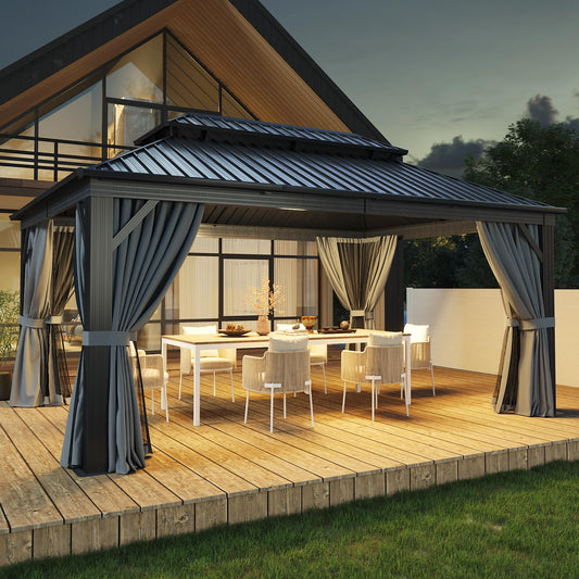 Aoxun 12FT X 16FT Hardtop Gazebo, Outdoor Pergolas with Mosquito Netting and Curtains, Galvanized Steel Double Roof Permanent Metal Gazebo, for Gardens, Decks, Patios, Parties