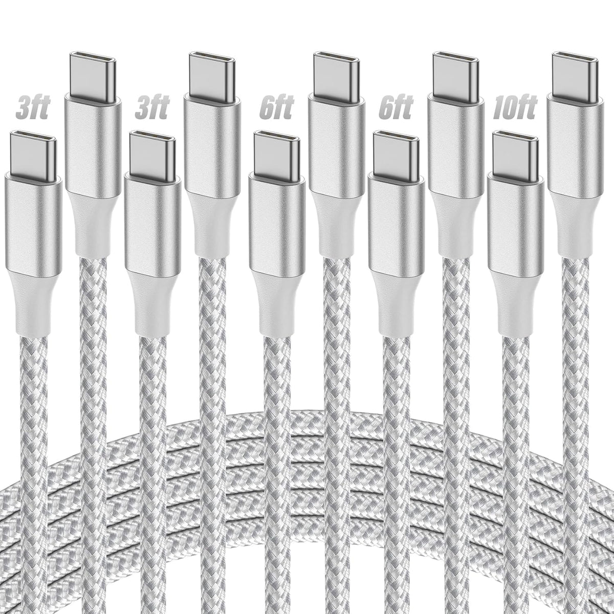 SwaggWood 5-Pack [3/3/6/6/10FT] 60W 17/16/iPad USB C to USB C Cable, USBC Fast Charging Cable Nylon Braided Type C