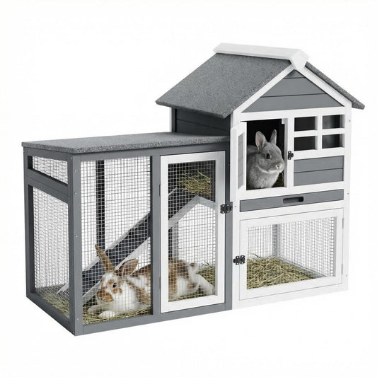 GarveeTech 2-Story Rabbit Hutch Outdoor, 45" Bunny Hutch, Small Chicken Coop Wooden with Pull-Out Tray & Ramp, Bunny Cage with Waterproof Roof, Poultry Cage for Bunnies, Chickens, Ducks, Guinea Pigs