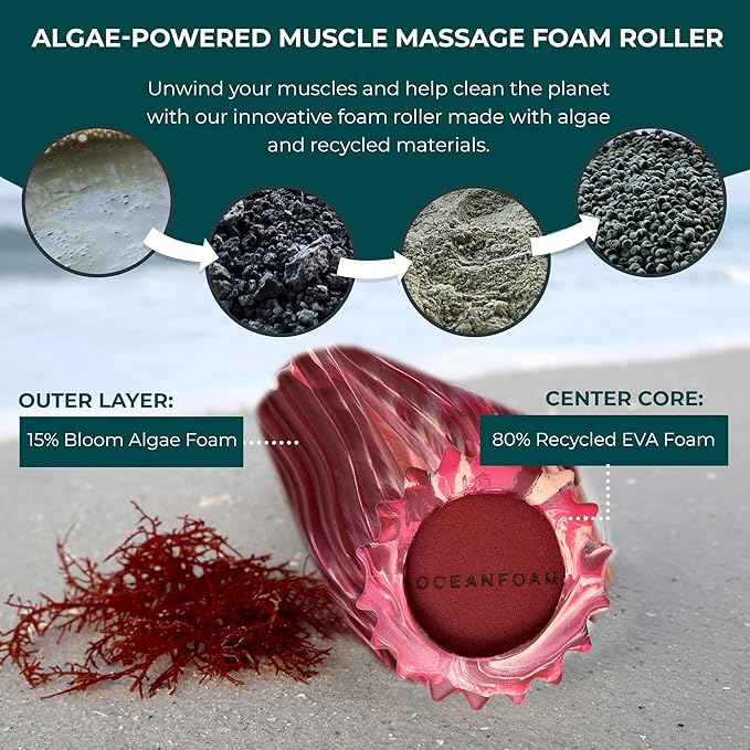 Oceanfoam Ripple Travel Foam Roller (11" x 3.35") Firm Mini Foam Roller for Physical Therapy, Deep Tissue Massage, Back Pain - High Density, Wave Textured - Yoga (Maroon, Blush & Hot Pink Marbled)