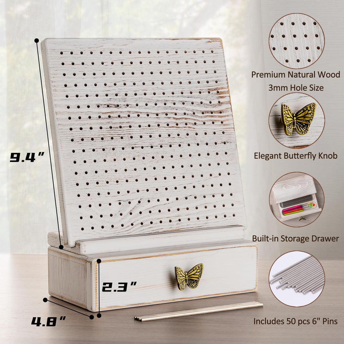 Premium Beech Wood Crochet Blocking Board Kit with 50 Stainless Steel Pins, Storage Drawer, Adjustable Stand, Ideal for Granny Squares, Crochet Projects, and Knitting (9.5" Pine)