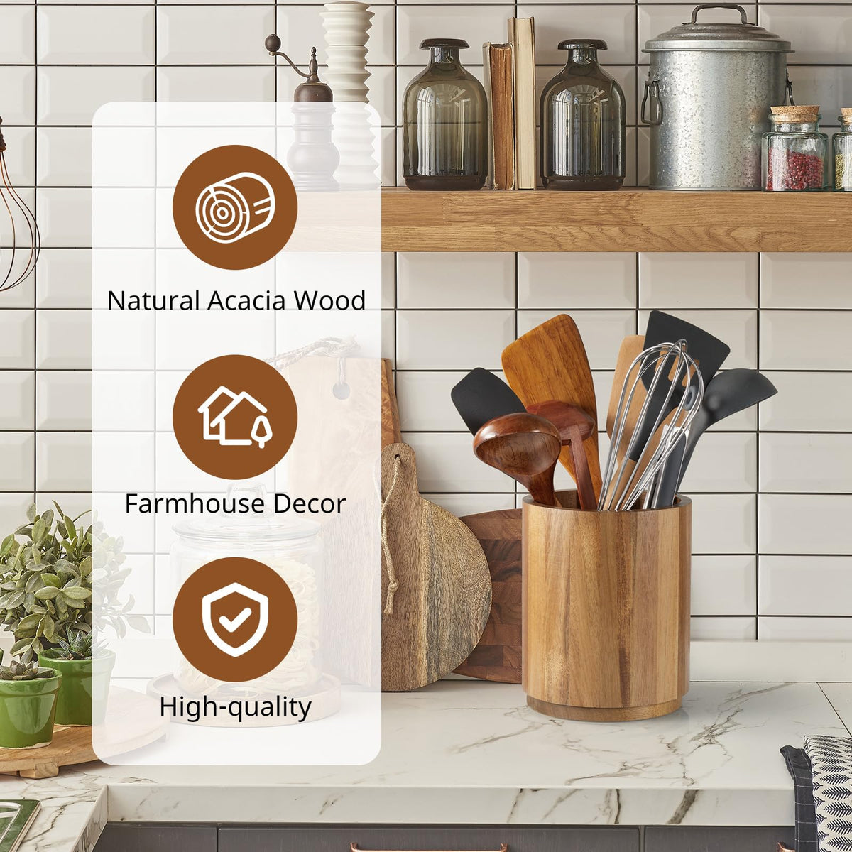Bivvclaz Acacia Wood Utensil Holder, 360°Rotating 7.2" Utensil Holder for Kitchen Counter, Large Kitchen Utensil Holder, Cooking Utensil Crock for Countertop, Farmhouse Kitchen Decor and Accessories