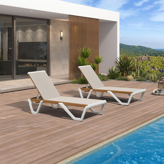 PURPLE LEAF Patio Lounge Chair Set White Chaise Lounge Chairs Five-Position Adjustable Plastic Stackable Chaise for Pool Sunbathing Beach Deck Outdoor, Beige