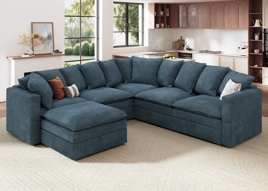 HONBAY Modular Sectional Sofa, 6 Seat U Shaped Corduroy Couch with Storage & Pillows, Convertible Sectional Couches for Living Room, Blue