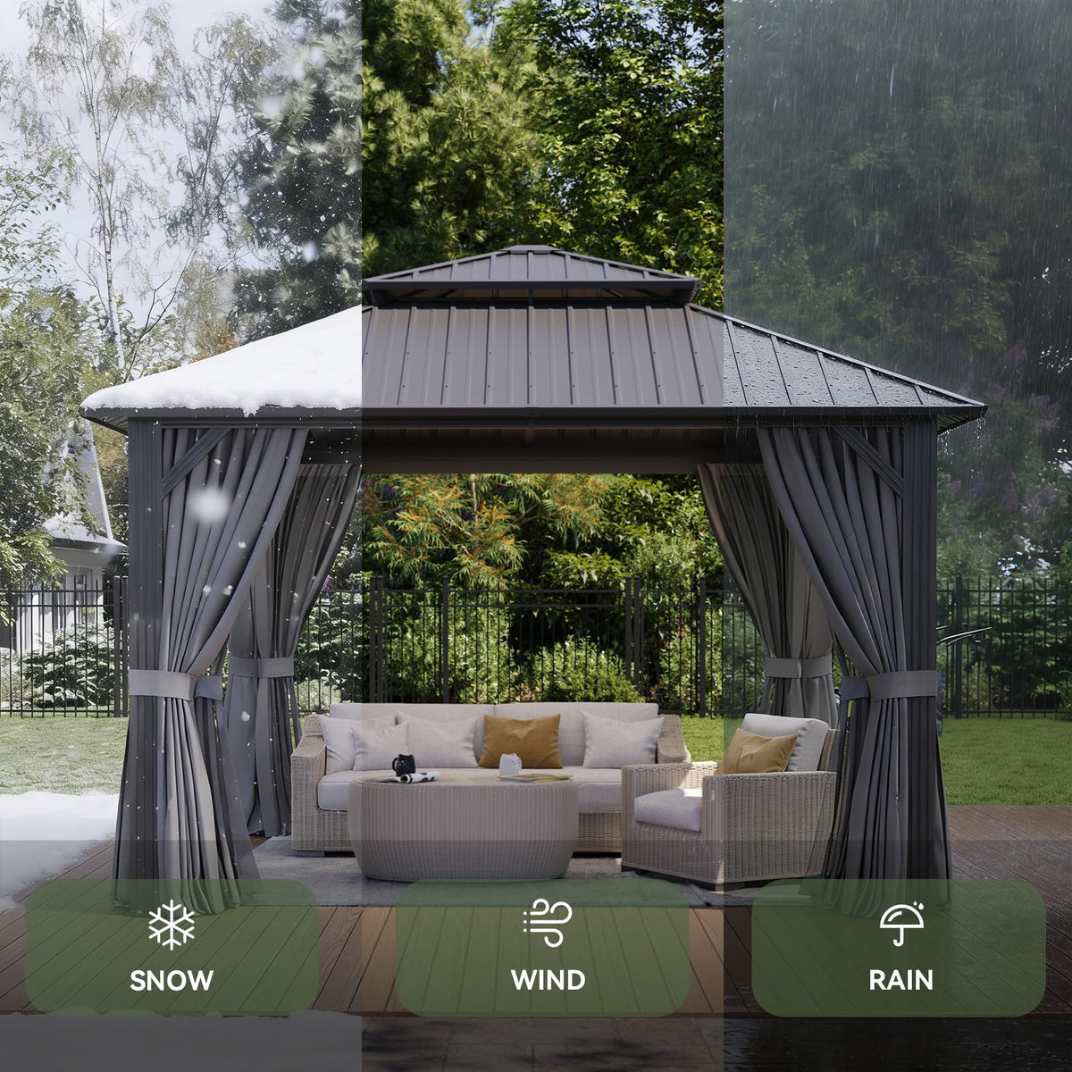 Aoxun 12Ft X 12Ft Hardtop Gazebo, Aluminum Metal Outdoor Gazebo with Breathable Netting and Curtains, Galvanized Steel Double Top, Permanent Patio Pavilion for Backyard, Wedding, Party