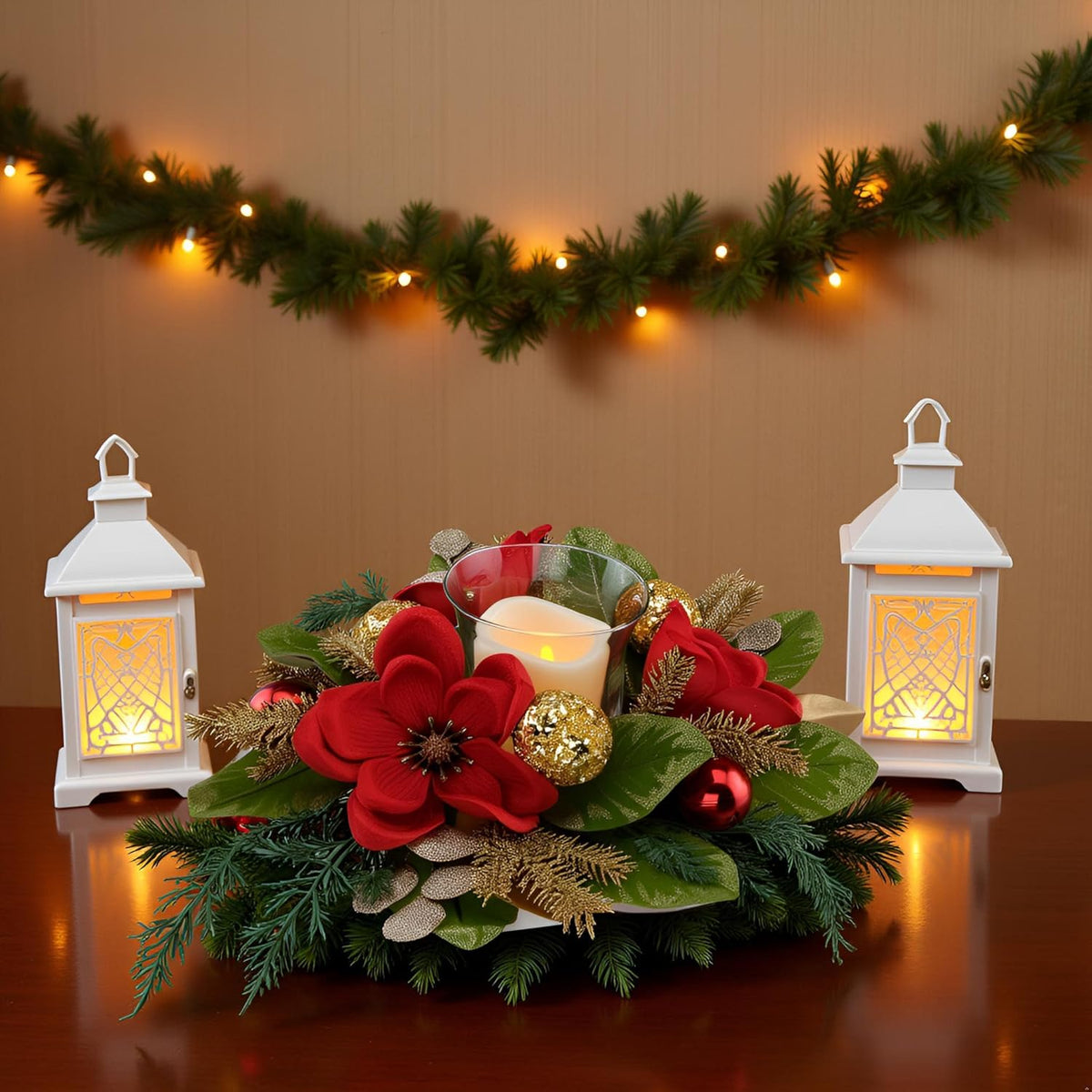 Skiennix 18" Centerpiece - Flameless LED Candle Holder with Red Magnolia & Gold Baubles for Holiday Decor