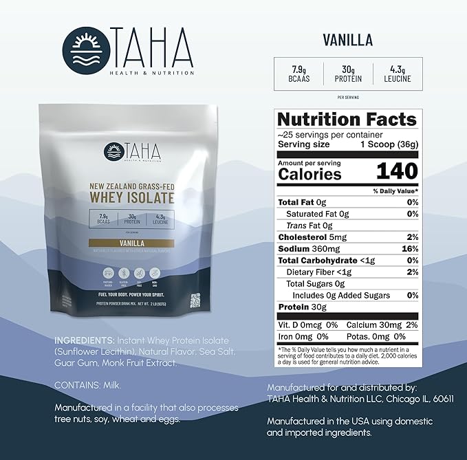 Taha Health & Nutrition Vanilla Whey Protein Isolate Powder, 30g Protein, 7.9g BCAAs, 4.3g Leucine | New Zealand Free-Range, Grass-Fed Dairy | Gluten-Free, Keto, Kosher | 2LB, 25 Servings