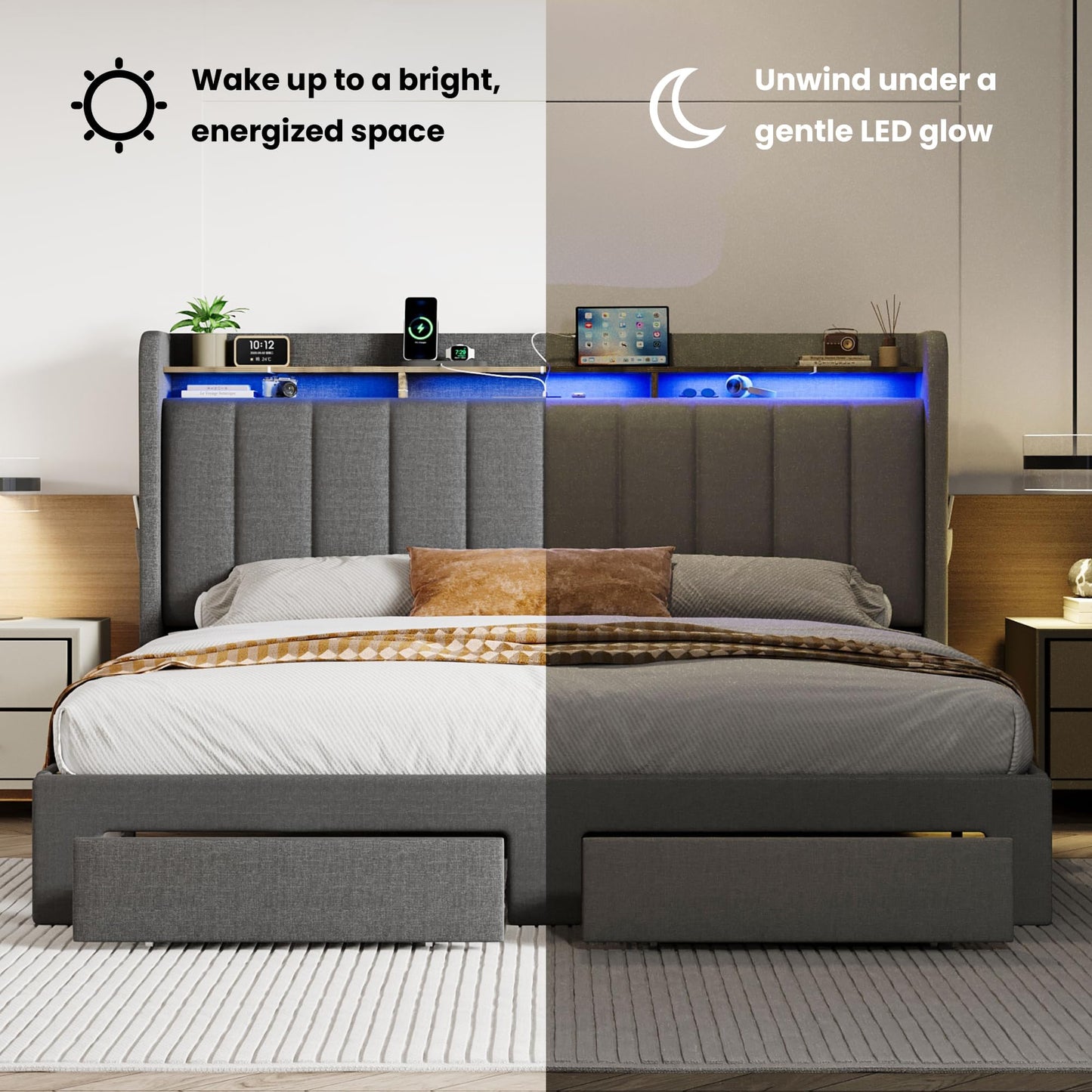 SHA CERLIN King Size Platform Bed Frame with Vertical Channel Tufted Wingback Headboard & 2 Storage Drawers/2-Tier Shelves with LED Lights & Charging Station/Noise-Free/No Box Spring Needed/Dark Grey