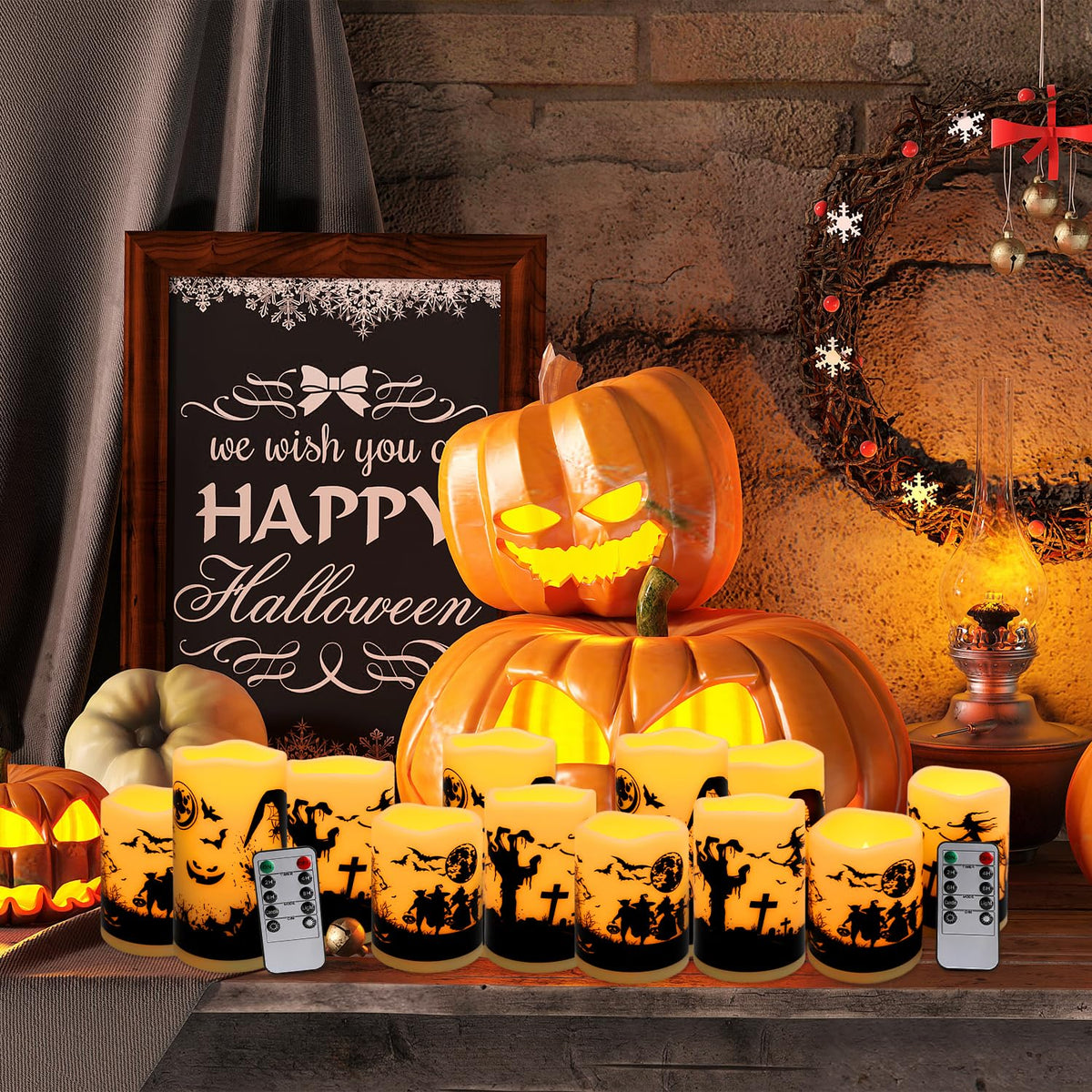 CAKETYCG 12-Pack Halloween Ink Painting Large Electronic Waxes with Remote Control, Flameless LED Candles for Halloween Spooky, Halloween Ambient Sense Artifacts.