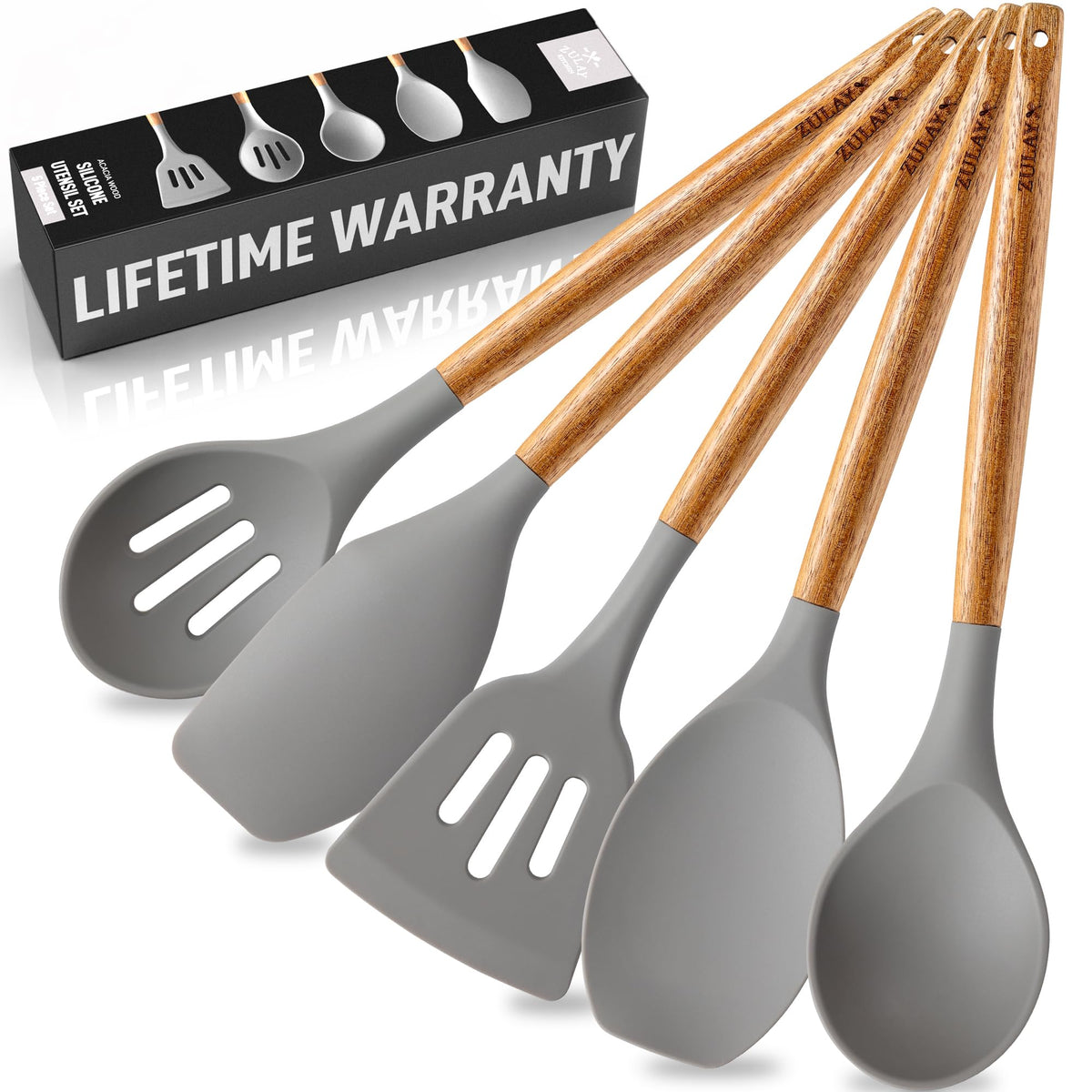 Zulay Kitchen Utensils Set Non-Stick Silicone Cooking Utensils Set with Authentic Acacia Wood Handles - 5 Piece Silicone Utensil Set - Kitchen Utensils Set with 464°F Heat Resistance - Gray