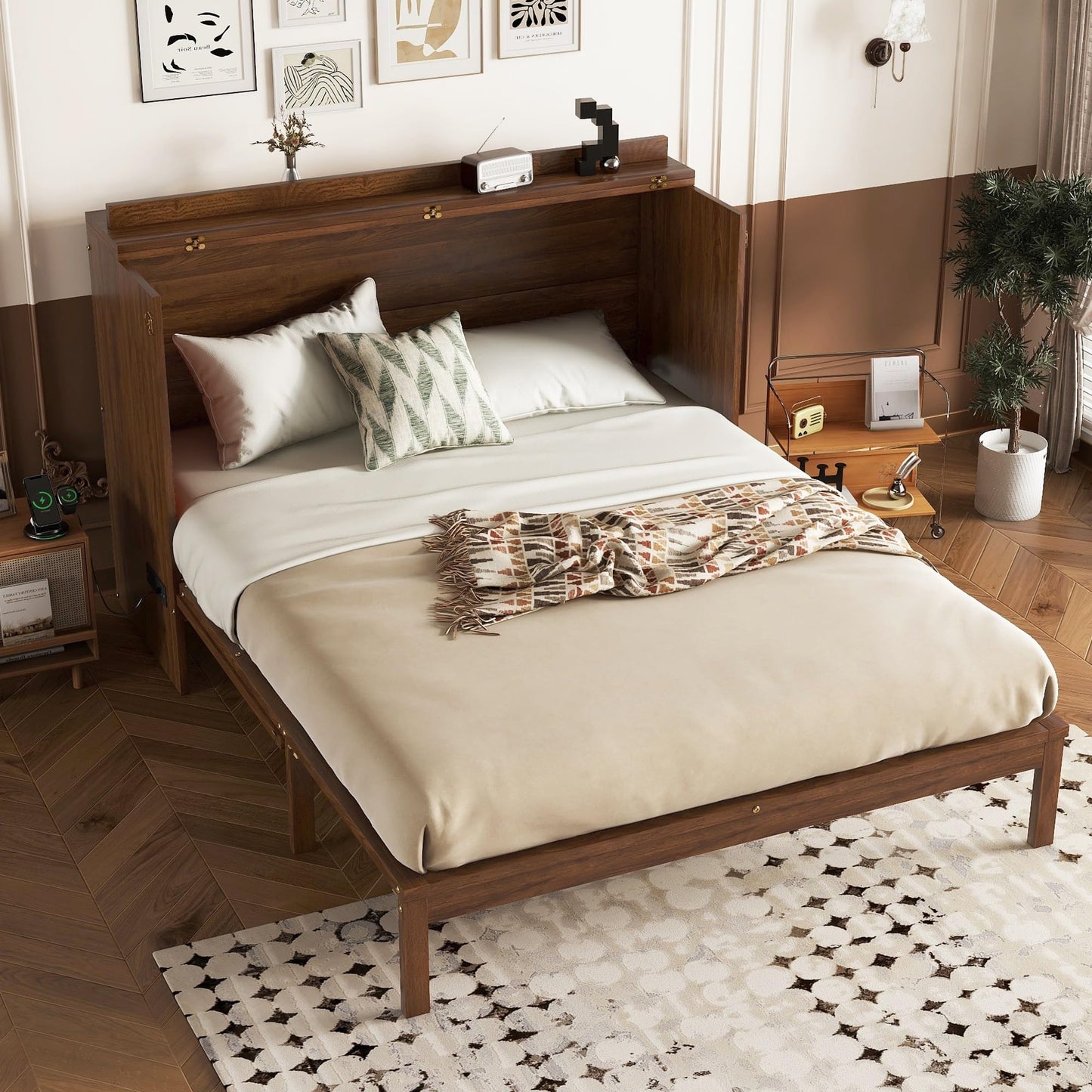 KEIKI Queen Size Murphy Bed Cabinet with Power Station & Large Drawer, Pine Wood Folding Chest Bed with Rattan Panel, Space-Saving Wall Bed, Walnut