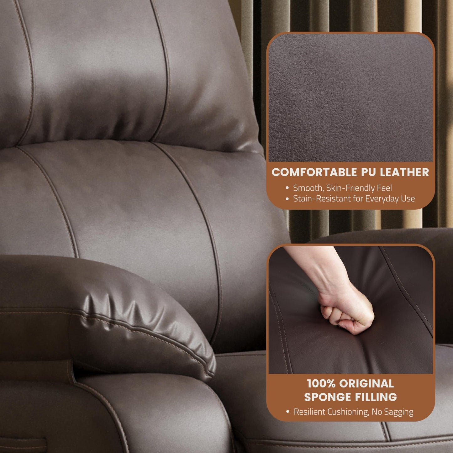 Attalee Leather Swivel Rocker Recliner Chair Set of 2, Traditional Manual Chair, Upholstered Nursery Glider Rocking Recliner, Faux Leather Single Sofa with Pocket Spring for Living Room, Dark Brown