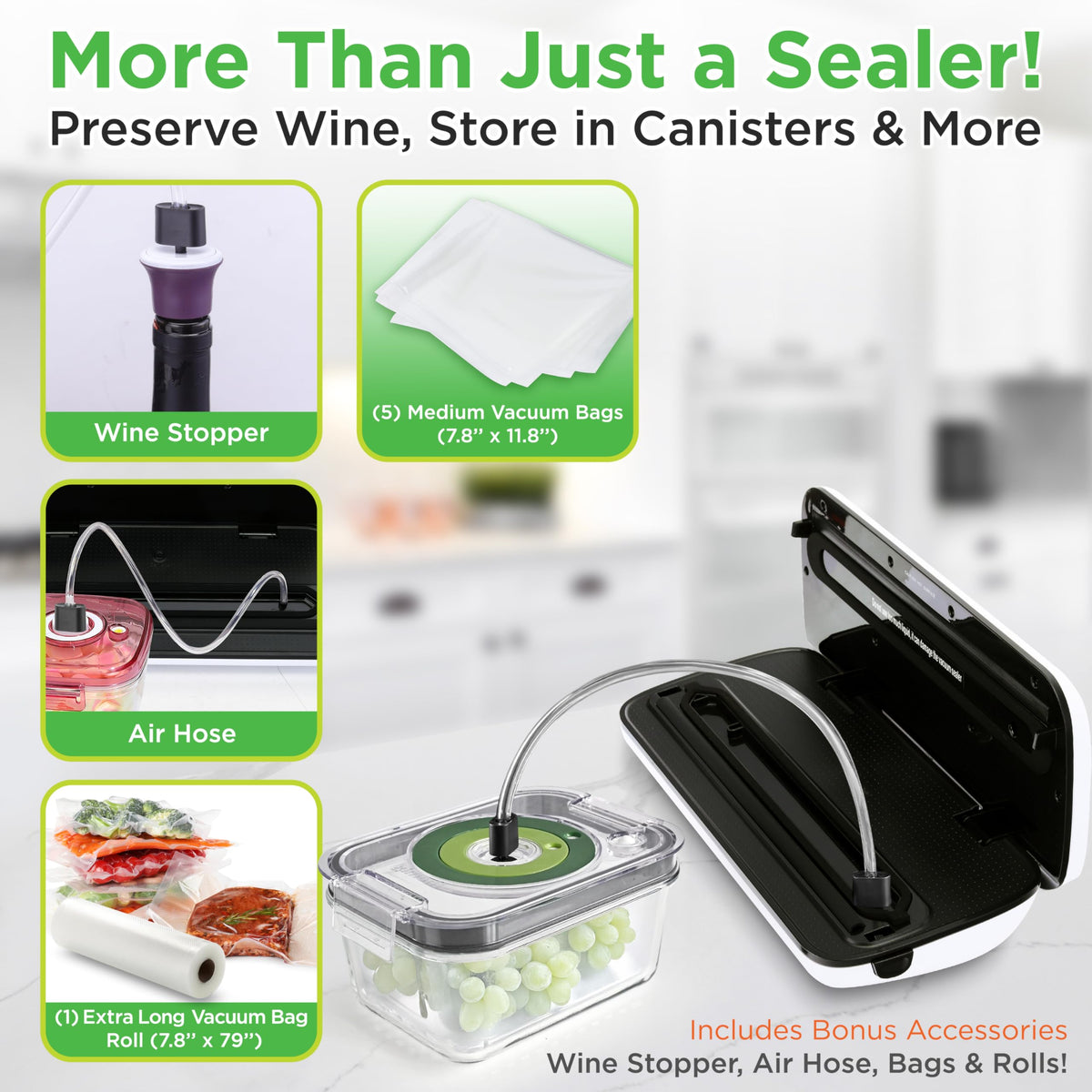 NutriChef Vacuum Sealer For Food - Automatic Air Sealing Machine for Dry & Moist Foods, LED Touch Controls, Includes Vacuum Bags, Hose & Wine Stopper, High Suction Power