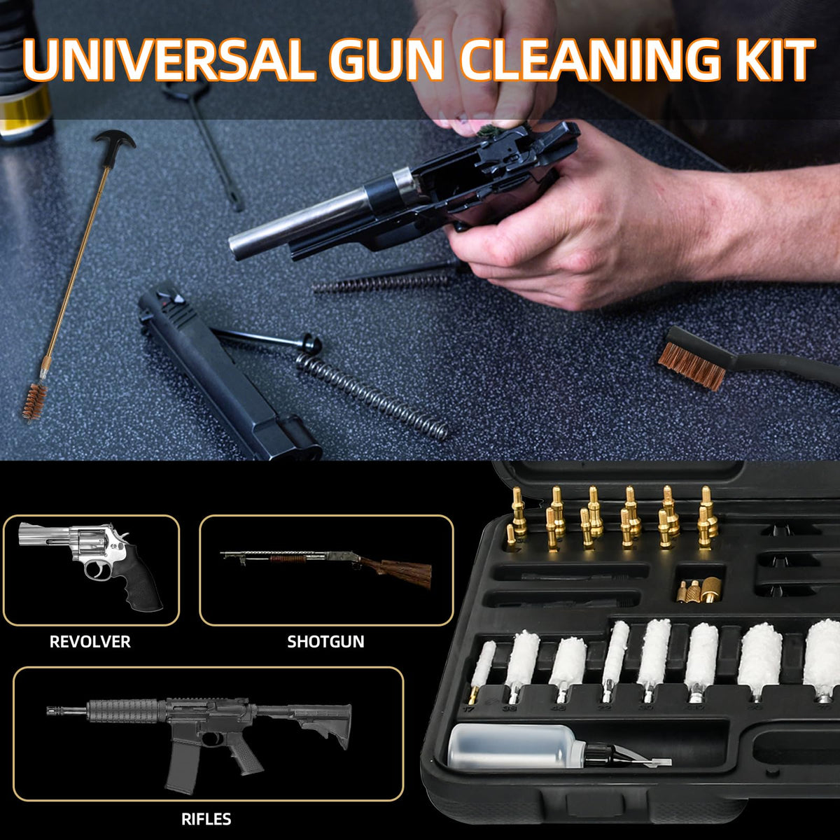 XKV Universal Gun Cleaning Kit for Pistol,Shotgun,Rifle,Airgun,Revolver and Gun Accessories,for Hunting and Shooting,Cleaning Kit with Portable Case,Brushes,Jags and Adapters - Gifts for Men