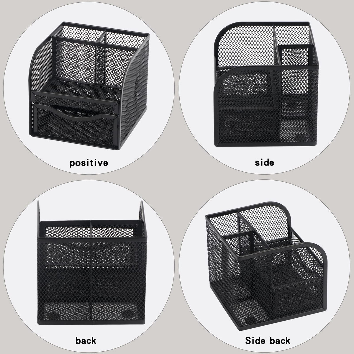 BiSiViO Mesh Desk Organizer, Metal Pencil Holder, Pen Holder for Desk with Drawer, Desktop Accessories, Multi-functional Caddy Pen Organizers with 3 Compartments for Office Art Supplies - Black