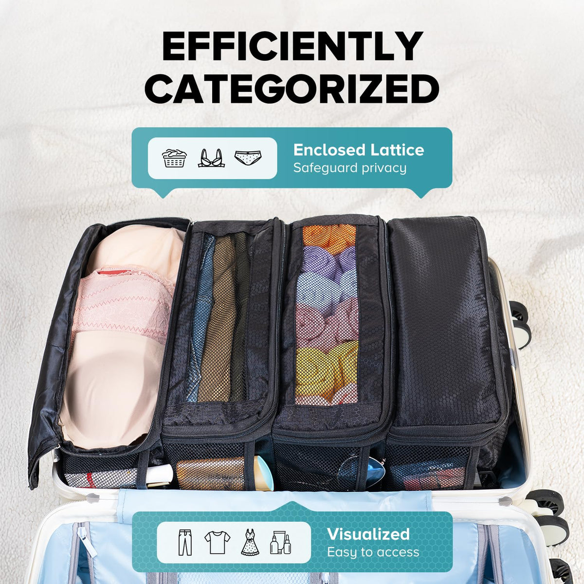 Vokelater Suitcase Organizer - Travel Luggage Organizer with Hanging Shelves & Packing Cubes - Collapsible, Portable, Carry-on, Medium, Black