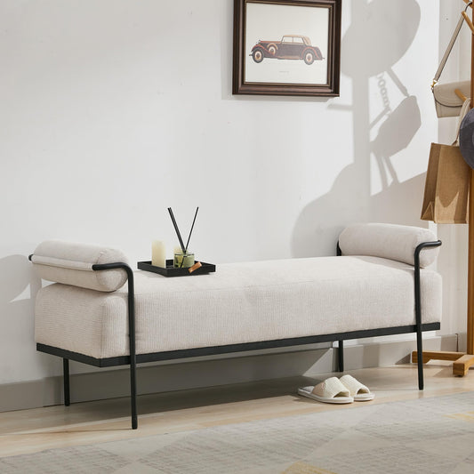 SOFTHION End of Bed Bench 61.2",Entryway Bench,Modern Upholstered Bench Ottoman,Chenille Paded Footrest Stool with Metal Legs for Living Room, Foyer Mudroom Hallway,Beige