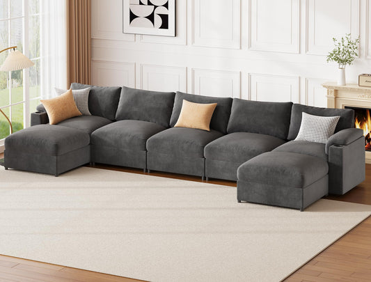 Sectional Couches for Living Room FSC Certified Velvet Modular Couch Oversized Cloud U Shaped Convertible Sleeper Sofa Chaise Detachable Armrest Cushion (Velvet Grey, U Shape 7 Seat)
