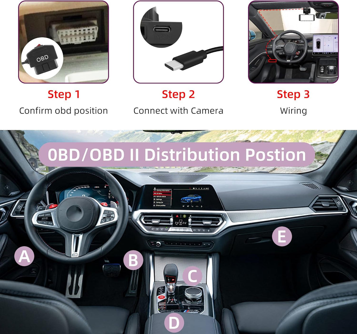 RIIEYOCA OBD2 24 (11.5FT/3.5M) Power Cable for Dash Cam,USB-C to OBD-II Hardwire Adapter with Switch Button Connector