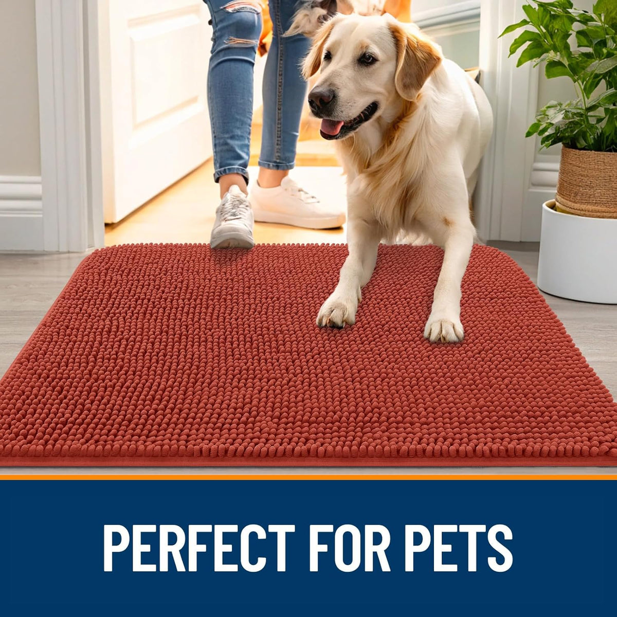 OLANLY Dog Door Mat - Absorbent Non-Slip Chenille for Muddy Paws | 47x20, Quick Dry, Maple Red