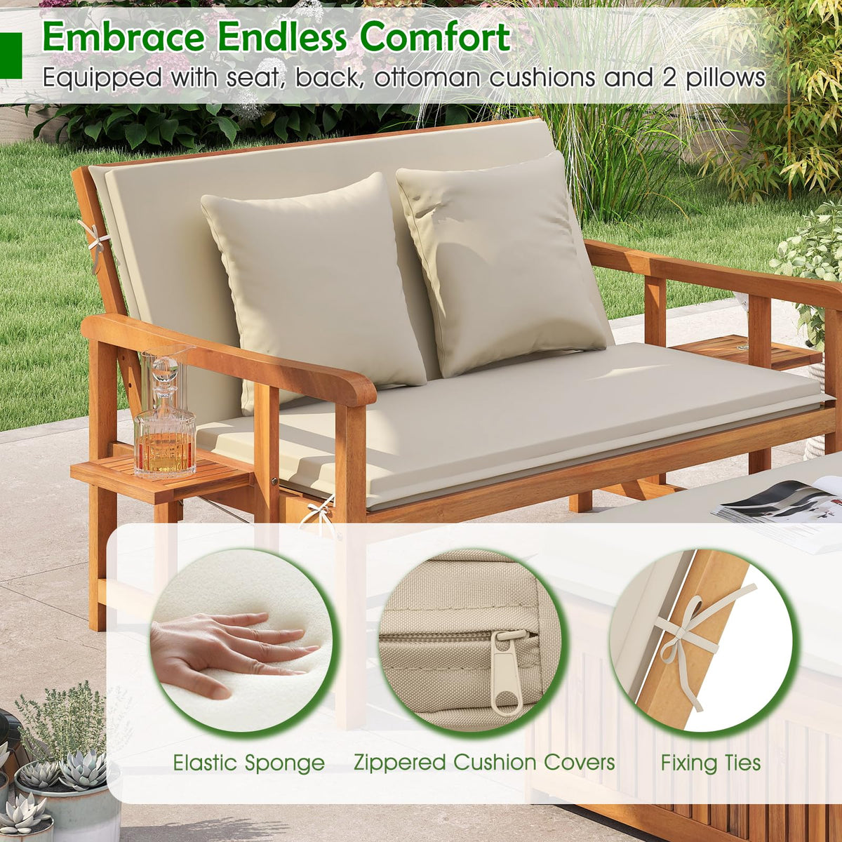 LDAILY Moccha Acacia Wood Outdoor Daybed - Wooden Loveseat Sofa with 4-Level Backrest, Storage Ottoman, Cushions, Outside Sunbed, Double Bed Lounger for Backyard Porch Pool Patio Furniture Set