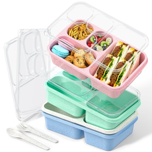 Large Capacity Bento Box for Adults, 4-Piece Set – Stackable Lunch Box with 4 Compartments, Microwave & Dishwasher Safe, Reusable Meal Prep Containers, Snack Containers for Kids & Adults (4 Colors)