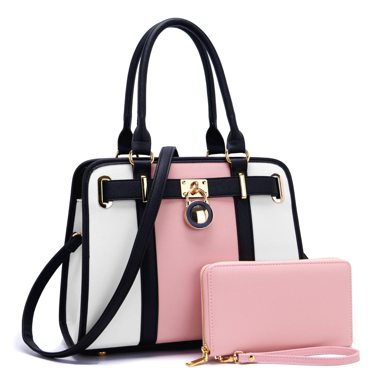 Handbags Sets For Women Shoulder Bags Top Handle Work Satchel Tote Purses Set With Matching Wallet 2pcs WhitePink