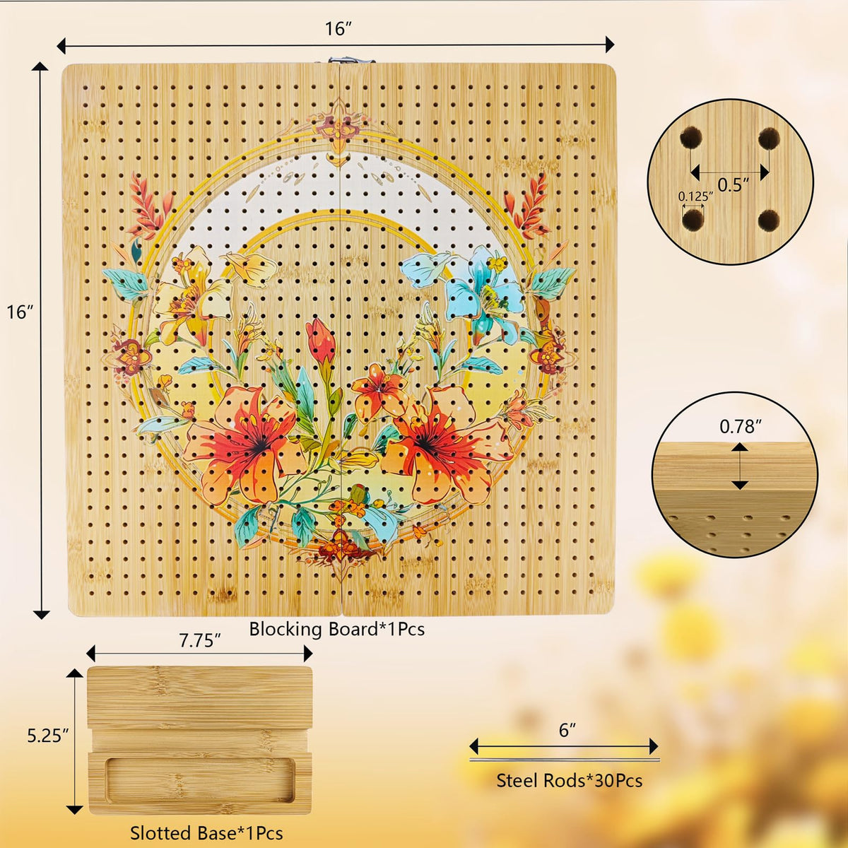 16"x16" Foldable Crochet Blocking Board with 36 Pcs Stainless Steel Rods, Floral Pattern Large Blocking Boards for Crochet Projects, Bamboo Granny Square Blocking Boards Gifts for Crochets Enthusiasts