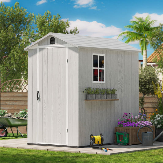 Patiowell 4 x 6 FT Plastic Outdoor Storage Shed with Floor, Resin Shed Outside Tool Shed with Window and Lockable Door for Backyard Garden Patio Lawn, Light Gray (Fit-it Shed)