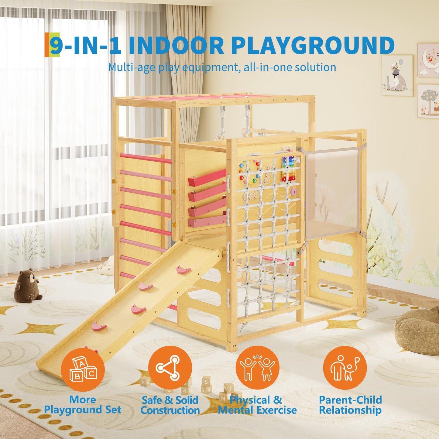 Garvee 9-in-1 Indoor Jungle Gym, Montessori Wooden Indoor Playground for Kids 2-8, Wooden Climbing Structure with Slide, Monkey Bars, Rope Ladder, Rock Wall, Climbing Net, Rings - Natural Wood Pink